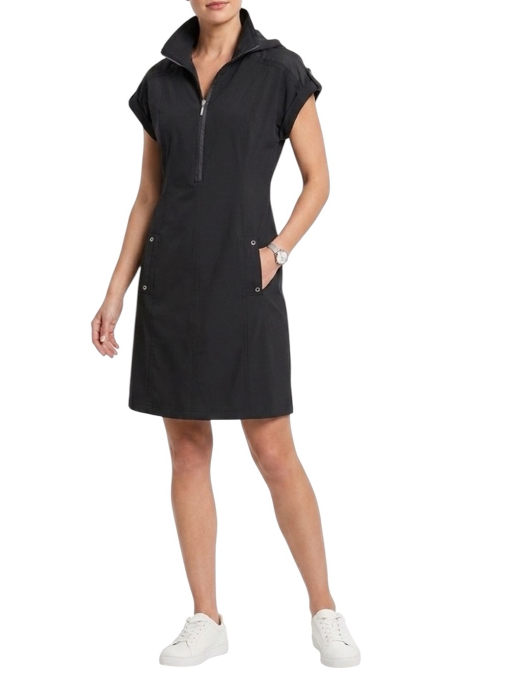 CHICO’S ZENERGY Neema Half Zip Hooded Black Dress Size 3 (XL) Travel